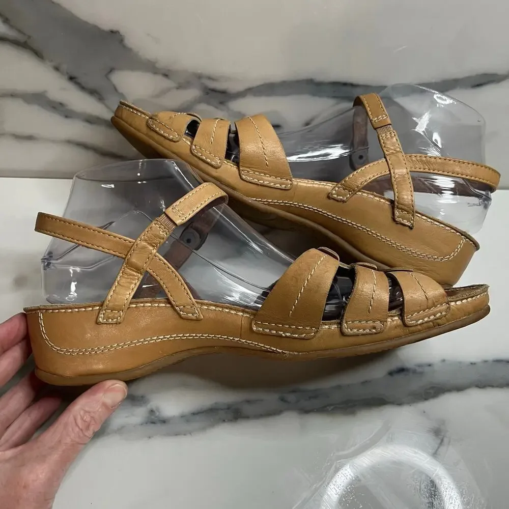 Gabor Womens Tan Leather Low Wedge Sandals US Sz 9 Strappy Comfort Festival Boho